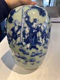 A Chinese famille rose covered bowl, a vase and a blue and white celadon-ground jar, 19/20th C.
