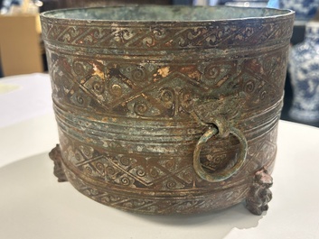 A rare Chinese archaic silver-inlaid bronze cosmetic box and cover, 'lian', Western Han