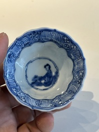 Four Chinese blue and white cups and saucers and a Chinese Imari-style shaving bowl, Kangxi Qianlong