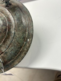 A rare Chinese archaic silver-inlaid bronze cosmetic box and cover, 'lian', Western Han