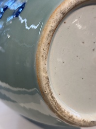 A Chinese famille rose covered bowl, a vase and a blue and white celadon-ground jar, 19/20th C.