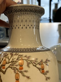 A Chinese famille rose covered bowl, a vase and a blue and white celadon-ground jar, 19/20th C.