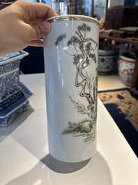Two Chinese qianjiang cai hat stands, a blue and white jardiniere on stand, a famille rose vase and a covered vase, 19/20th C.