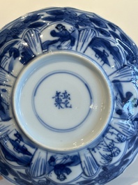 Four Chinese blue and white cups and saucers and a Chinese Imari-style shaving bowl, Kangxi Qianlong