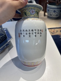 Two Chinese qianjiang cai hat stands, a blue and white jardiniere on stand, a famille rose vase and a covered vase, 19/20th C.