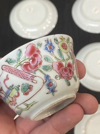 Six Chinese famille rose 'antiquities' cups and saucers, Yongzheng