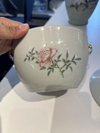 A Chinese famille rose covered bowl, a vase and a blue and white celadon-ground jar, 19/20th C.