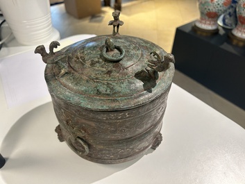 A rare Chinese archaic silver-inlaid bronze cosmetic box and cover, 'lian', Western Han