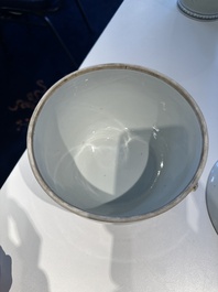 A Chinese famille rose covered bowl, a vase and a blue and white celadon-ground jar, 19/20th C.