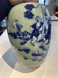 A Chinese famille rose covered bowl, a vase and a blue and white celadon-ground jar, 19/20th C.