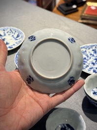 Eight Chinese blue and white 'kite flying boys' cups and saucers, Yongzheng