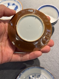 12 Chinese blue and white cups and 13 saucers, including capucin-brown glazed, Kangxi/Qianlong
