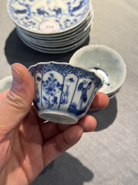 Eight Chinese blue and white 'kite flying boys' cups and saucers, Yongzheng
