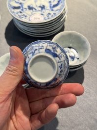 Eight Chinese blue and white 'kite flying boys' cups and saucers, Yongzheng