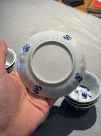 Eight Chinese blue and white 'kite flying boys' cups and saucers, Yongzheng