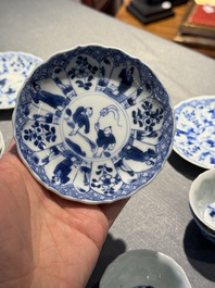 Eight Chinese blue and white 'kite flying boys' cups and saucers, Yongzheng