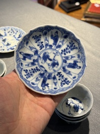 Eight Chinese blue and white 'kite flying boys' cups and saucers, Yongzheng