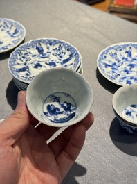 Eight Chinese blue and white 'kite flying boys' cups and saucers, Yongzheng