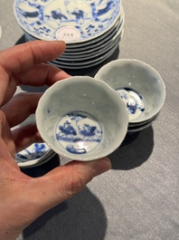 Eight Chinese blue and white 'kite flying boys' cups and saucers, Yongzheng