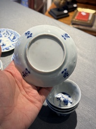 Eight Chinese blue and white 'kite flying boys' cups and saucers, Yongzheng