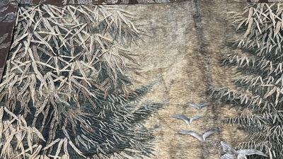 A Japanese silk embroidery with cranes and bamboo, Keibun mark, Meiji, 19th C.
