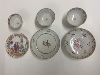 Nine Chinese blue and white, famille rose and Imari-style cups and saucers, Kangxi/Qianlong