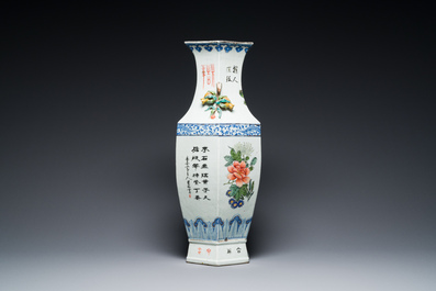 A Chinese hexagonal qianjiang cai vase, signed Hui Ru Shi 慧如氏, dated 1910