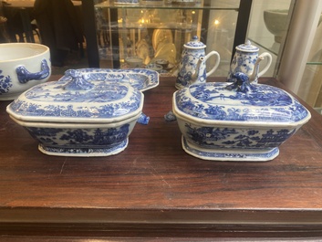 A pair of Chinese blue and white miniature chocolate jugs and three tureens, Qianlong