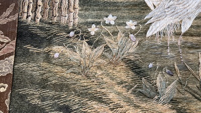 A Japanese silk embroidery with cranes and bamboo, Keibun mark, Meiji, 19th C.
