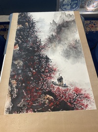 Li Xiongcai 黎雄才 (1910-2001): 'Paysage', encre et couleur sur papier, dat&eacute;e 1993