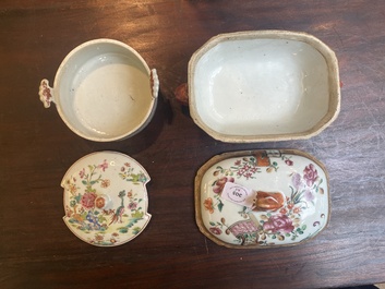 Drie Chinese famille rose borden, een botervloot en een dekselterrine, Qianlong