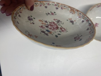 Nine Chinese blue and white, famille rose and Imari-style cups and saucers, Kangxi/Qianlong