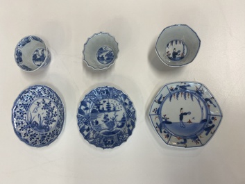 Nine Chinese blue and white, famille rose and Imari-style cups and saucers, Kangxi/Qianlong
