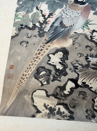 Tian Shiguang 田世光 (1916-1999): 'Oiseaux et fleurs', encre et couleur sur papier