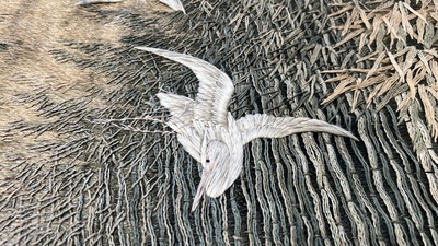 A Japanese silk embroidery with cranes and bamboo, Keibun mark, Meiji, 19th C.