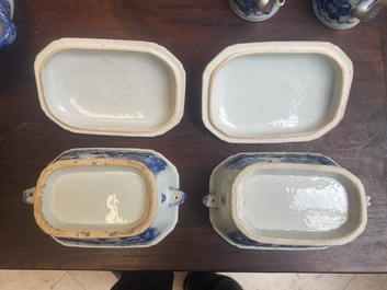 A pair of Chinese blue and white miniature chocolate jugs and three tureens, Qianlong