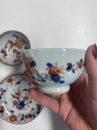 Nine Chinese blue and white, famille rose and Imari-style cups and saucers, Kangxi/Qianlong