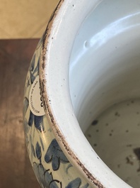 A large Italian blue, white and manganese albarello drug jar inscribed Charitas, probably Savona, dated 1767