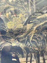 Yu Zhiding 禹之鼎 (1647-1716): 'Shoulao meets female deities', gold and silver ink on indigo paper, dated 1696
