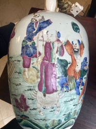 A pair of Chinese famille rose 'Eight Immortals' jars mounted as lamps, 19th C.