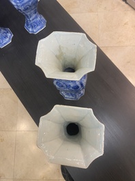 A Chinese blue and white garniture of five vases with floral design, Kangxi