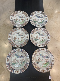 Twelve Chinese famille rose plates with landscape design, Qianlong