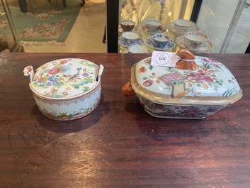 Drie Chinese famille rose borden, een botervloot en een dekselterrine, Qianlong