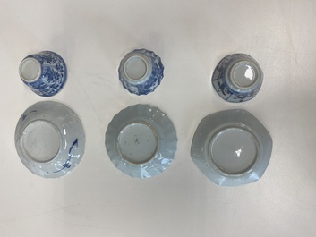 Nine Chinese blue and white, famille rose and Imari-style cups and saucers, Kangxi/Qianlong