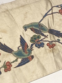 Collection vari&eacute;e de panneaux en soie brod&eacute;e, un couvre-&eacute;ventail et des badges de rang, 19&egrave;me