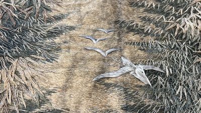 A Japanese silk embroidery with cranes and bamboo, Keibun mark, Meiji, 19th C.