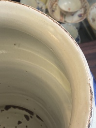 A large Italian blue, white and manganese albarello drug jar inscribed Charitas, probably Savona, dated 1767