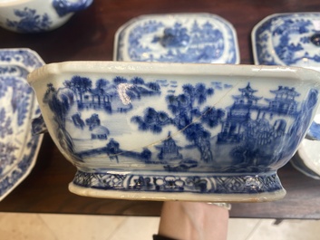 A pair of Chinese blue and white miniature chocolate jugs and three tureens, Qianlong