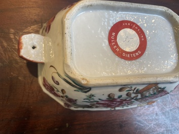 Drie Chinese famille rose borden, een botervloot en een dekselterrine, Qianlong
