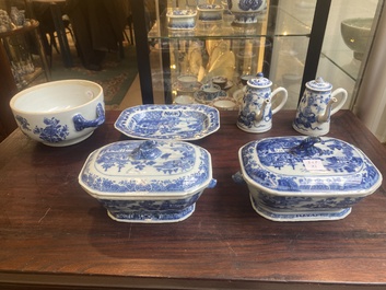 A pair of Chinese blue and white miniature chocolate jugs and three tureens, Qianlong